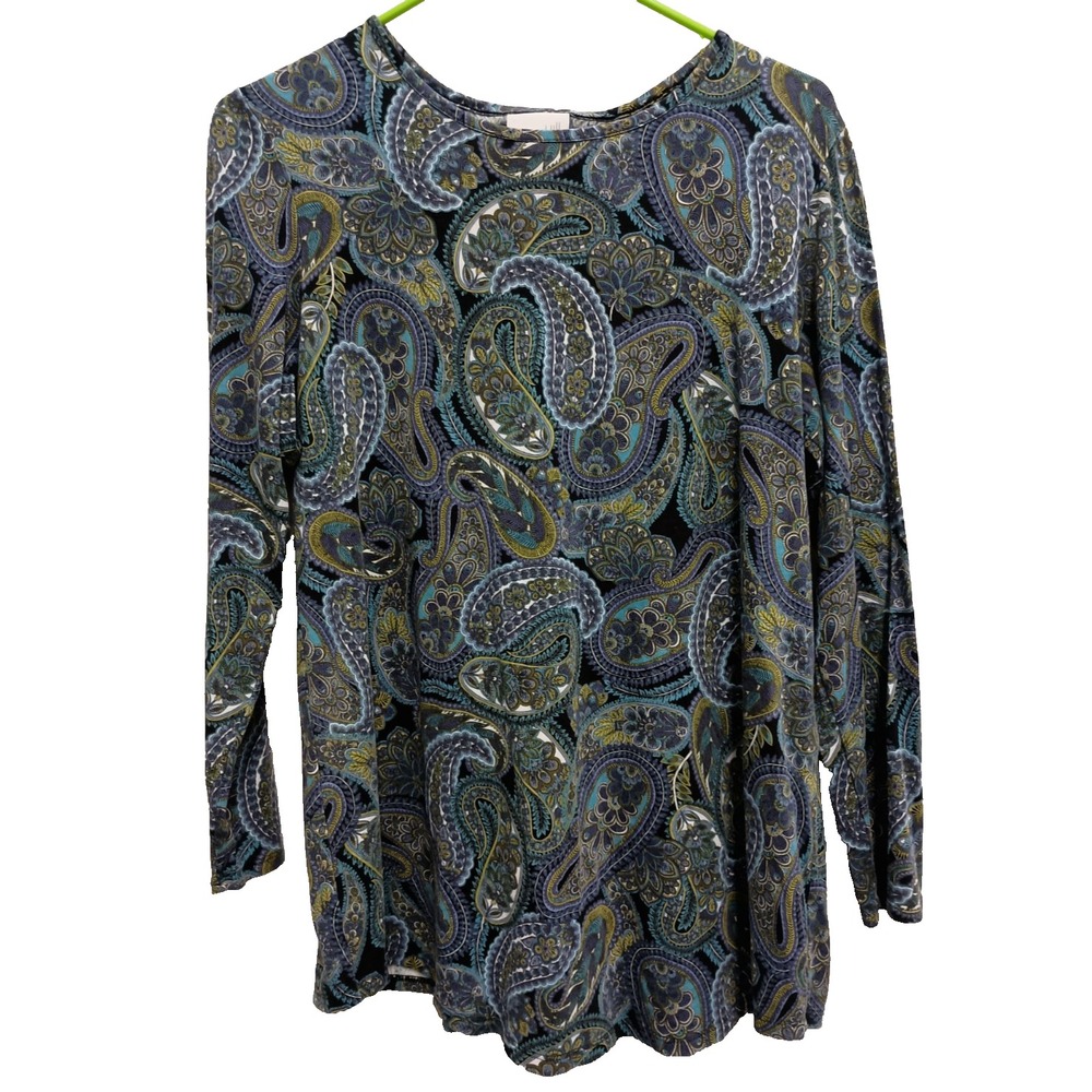 J. Jill Womens BOHO Tunic Top Medium Green Blue Paisley Long Sleeve Casual